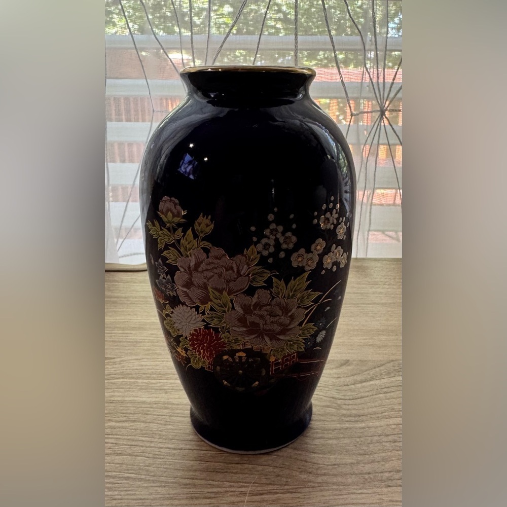 Cobalt Royal Blue Small Vase, Hand painted floral